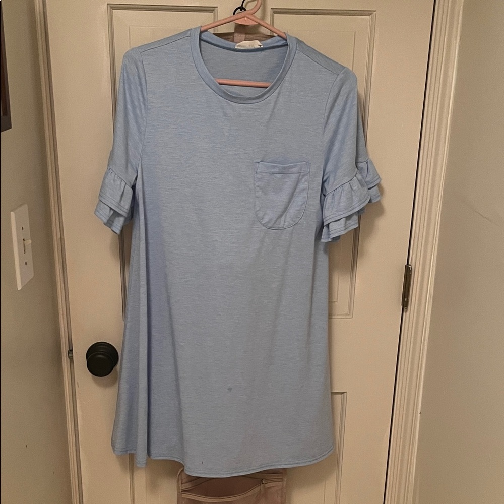 Light Blue Ruffle Sleeve Pocket Dress - Women's